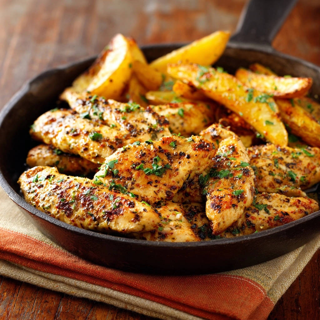 One-pan herbed chicken and potato wedges served in a rustic cast-iron skillet, seasoned with herbs.