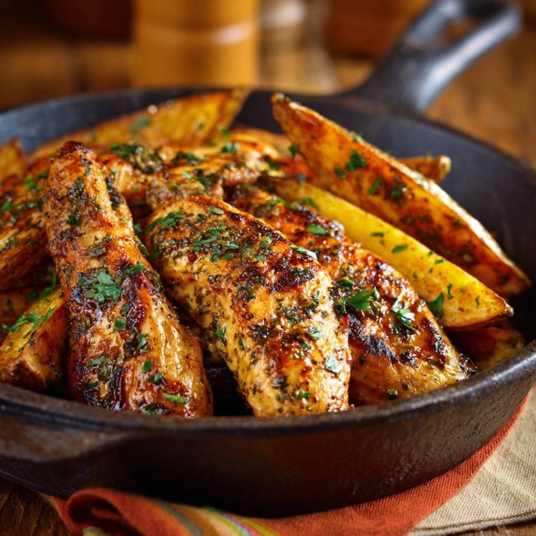 One-pan herbed chicken and potato wedges served in a cast iron skillet, a close-up view.