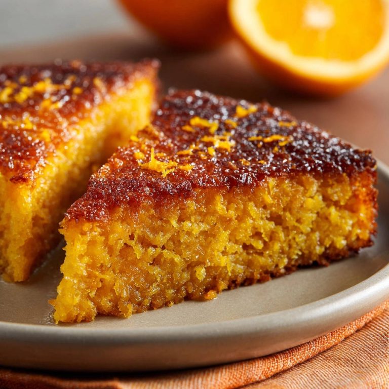 Easy Orange Drizzle Cake shown as a close-up slice revealing its moist, zesty texture and glistening glaze.