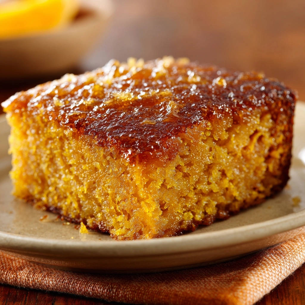 Easy orange drizzle cake shown as a close-up slice with a glistening, zesty topping.