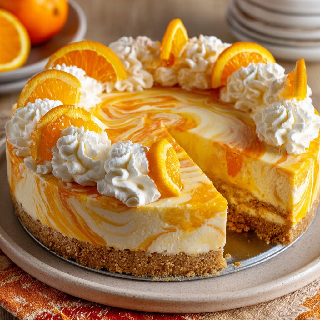 Sunny Orange Swirl Cheesecake, a sliced portion showcasing whipped cream and fresh orange slices as garnish.