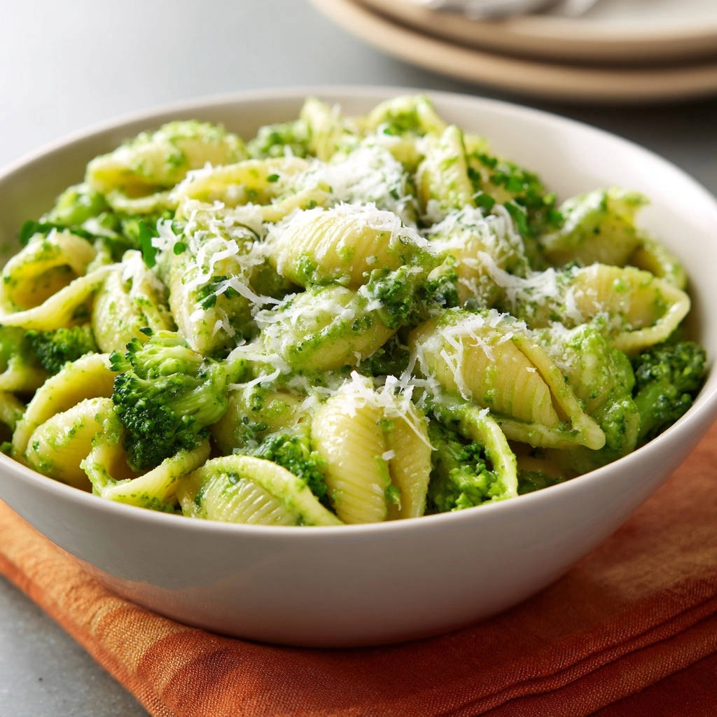 Orecchiette with bright broccoli green sauce served in a close-up bowl, topped with grated cheese.