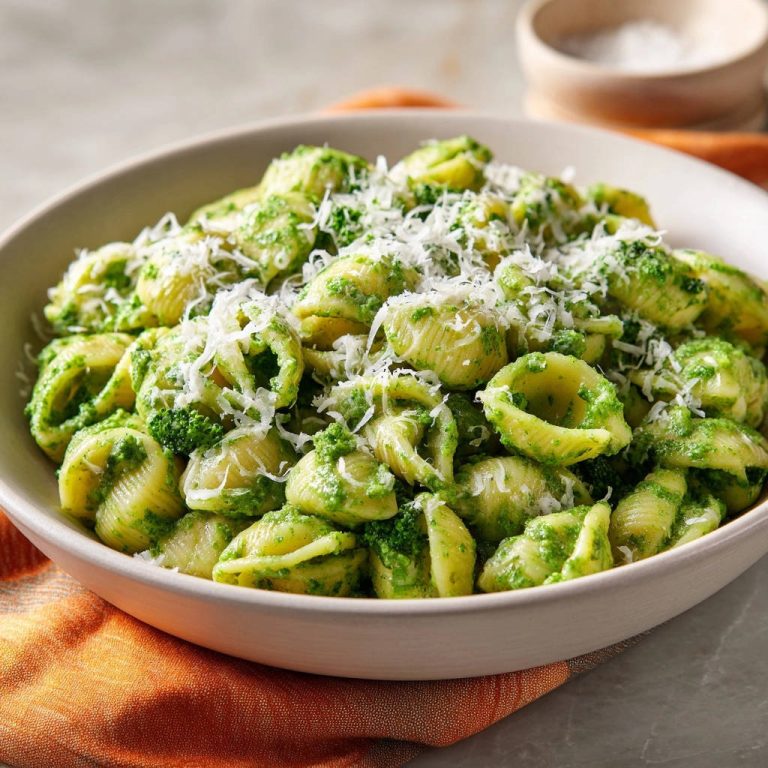 Orecchiette with bright broccoli green sauce and grated cheese, shown in a close-up view in a bowl.