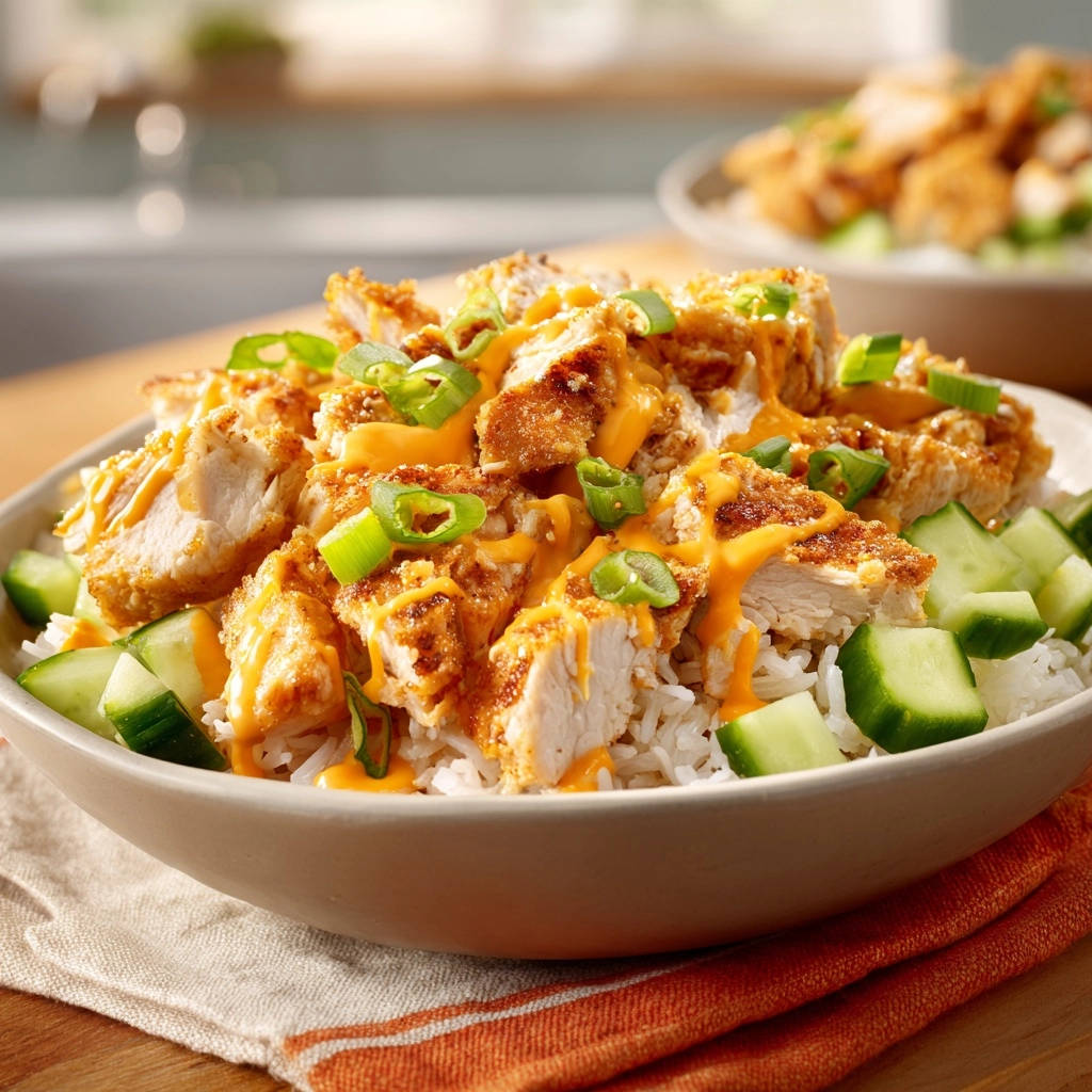 Pan-seared chicken and rice bowl generously drizzled with cheese sauce and topped with fresh green onions.