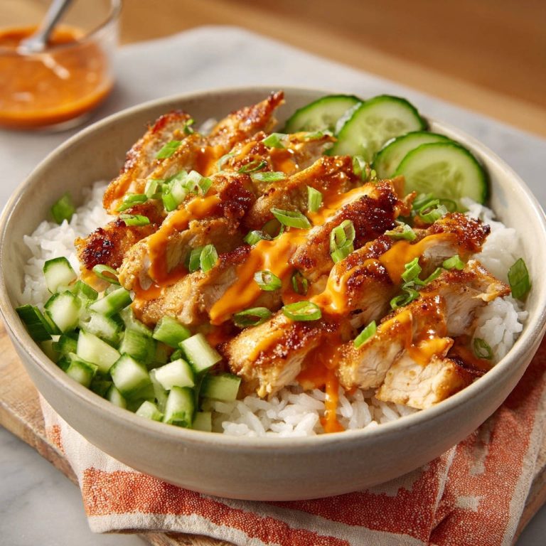 Pan-seared chicken and rice bowl featuring sliced chicken drizzled with sauce and garnished with green onions, shown from an overhead perspective.