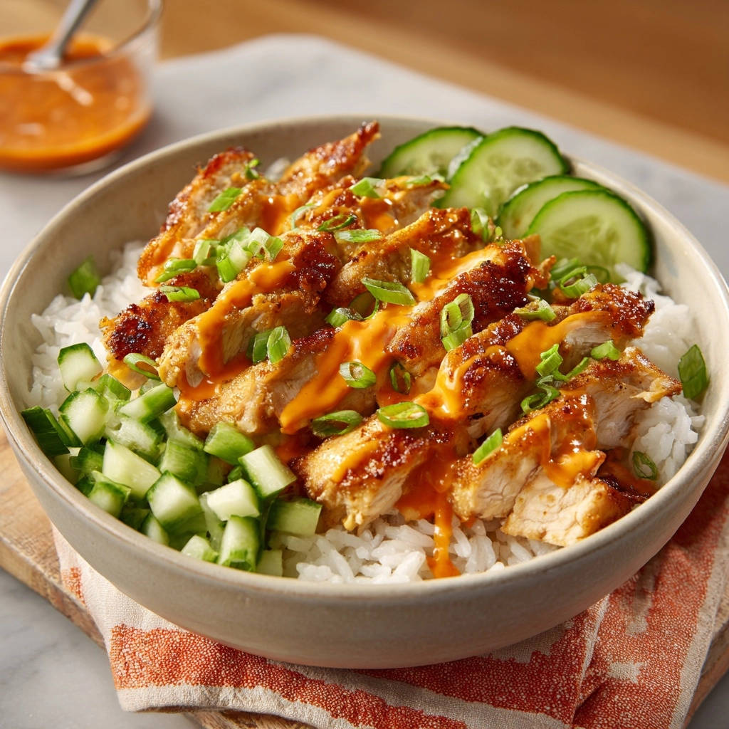 Pan-seared chicken and rice bowl featuring sliced chicken drizzled with sauce and garnished with green onions, shown from an overhead perspective.