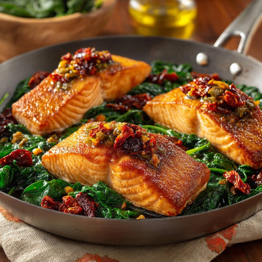 Pan-seared salmon with spinach and sun-dried tomatoes presented in a skillet, showcasing a glistening glaze.
