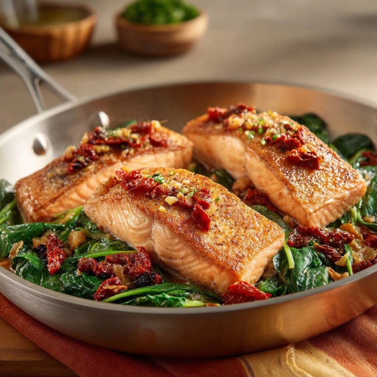 Pan-seared salmon with spinach and sun-dried tomatoes presented in a skillet, showcasing a golden-brown crust.
