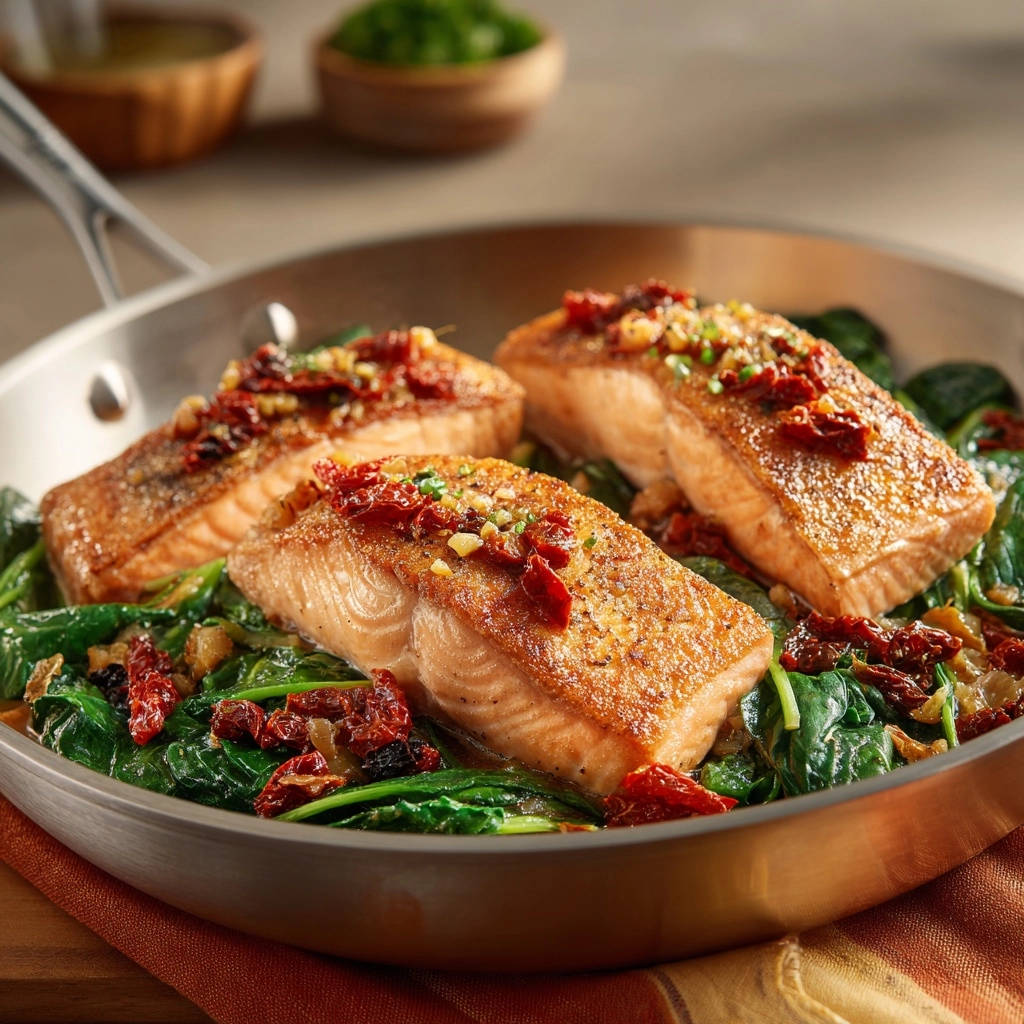 Pan-seared salmon with spinach and sun-dried tomatoes presented in a skillet, showcasing a golden-brown crust.