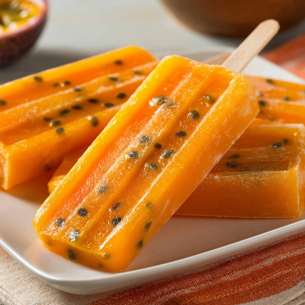 Zesty passion fruit pops unmolded and arranged on a white plate, showcasing their vibrant color and seeds.