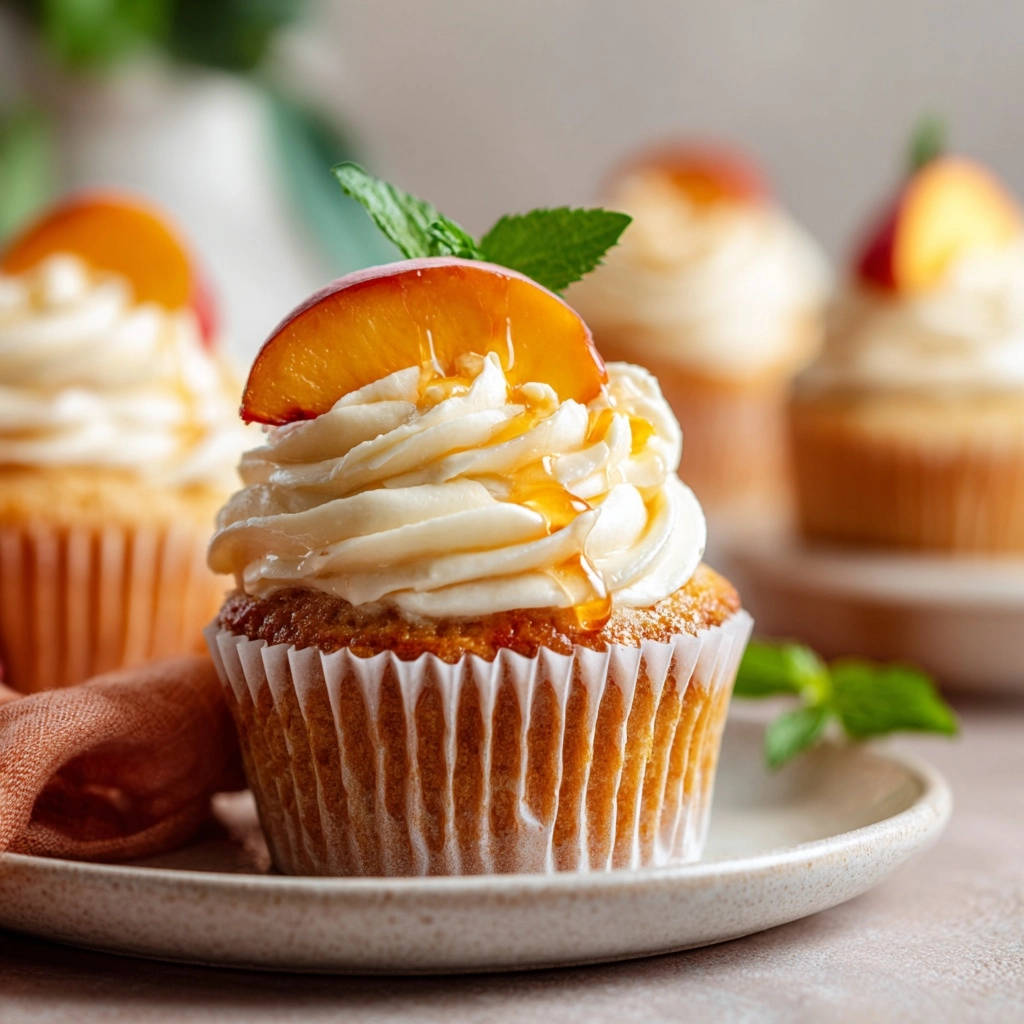 Peach cupcakes garnished with a fresh peach slice and mint, drizzled with syrup.