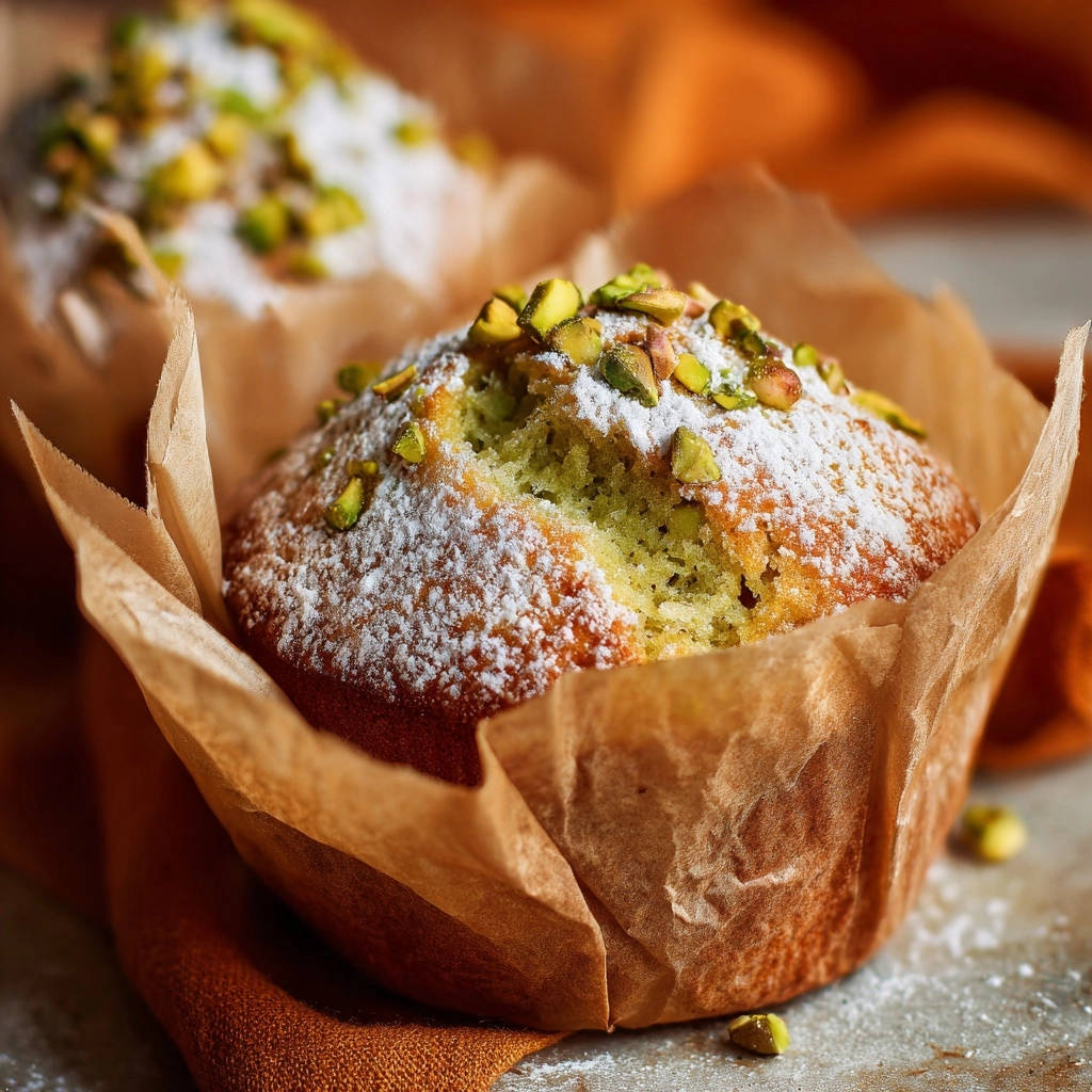 Ultimate Pistachio Muffins, a close-up shows a fluffy muffin generously topped with chopped pistachios and dusted with powdered sugar.