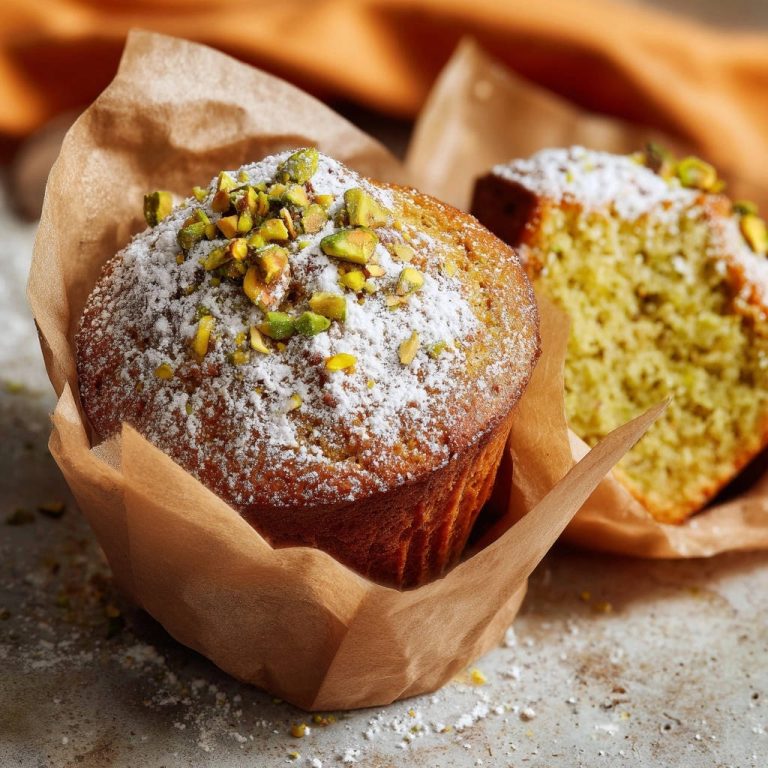 Ultimate Pistachio Muffins, dusted with powdered sugar and topped with chopped pistachios, with a sliced muffin in the background.