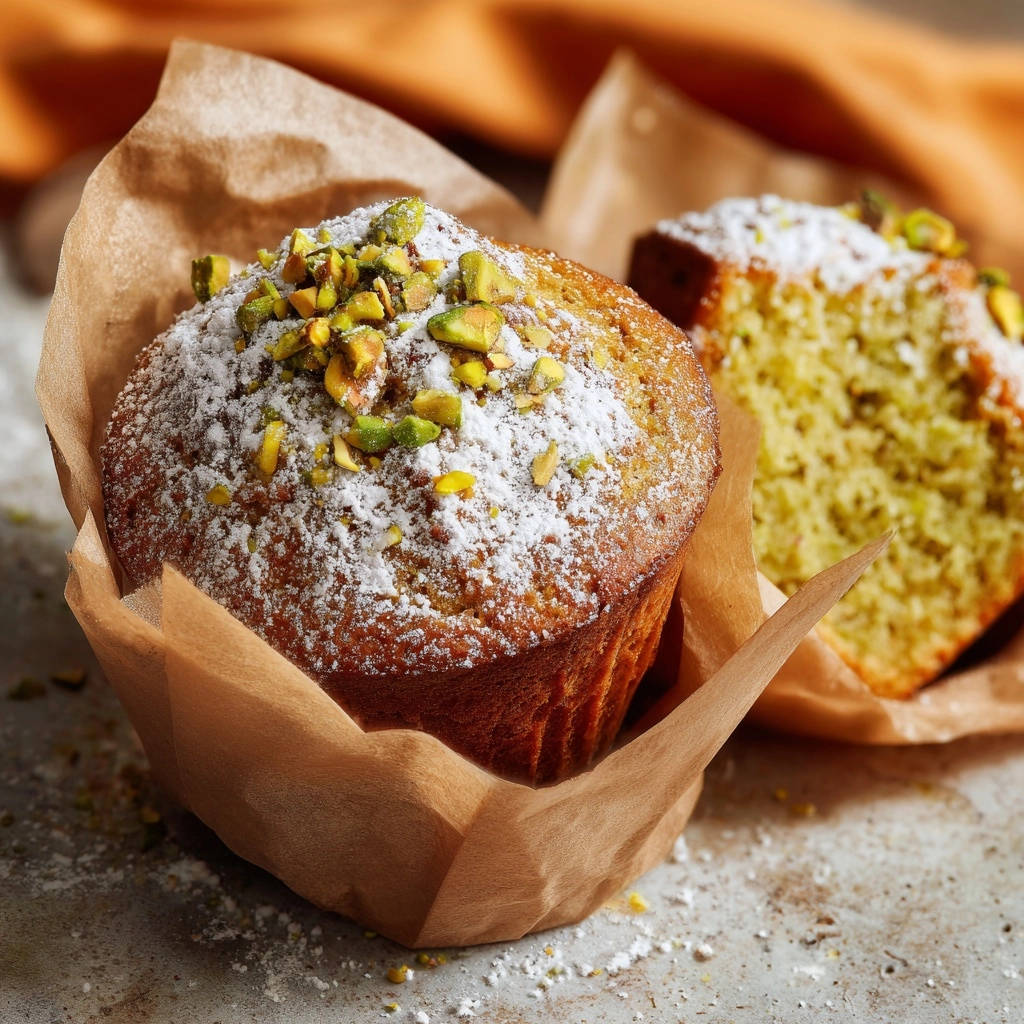 Ultimate Pistachio Muffins, dusted with powdered sugar and topped with chopped pistachios, with a sliced muffin in the background.