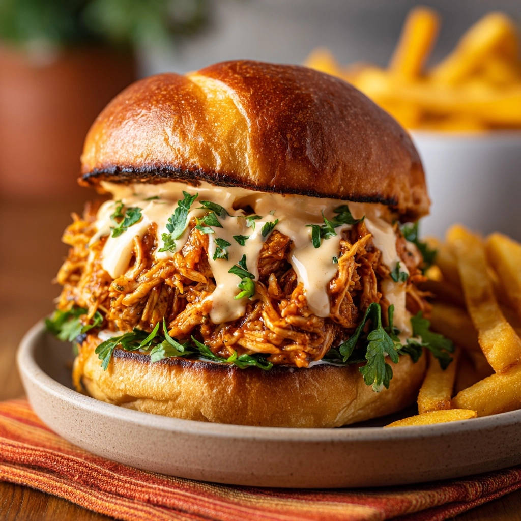 Ultimate Pulled Chicken Sandwich closeup, generously drizzled with creamy sauce and fresh parsley on a toasted bun.