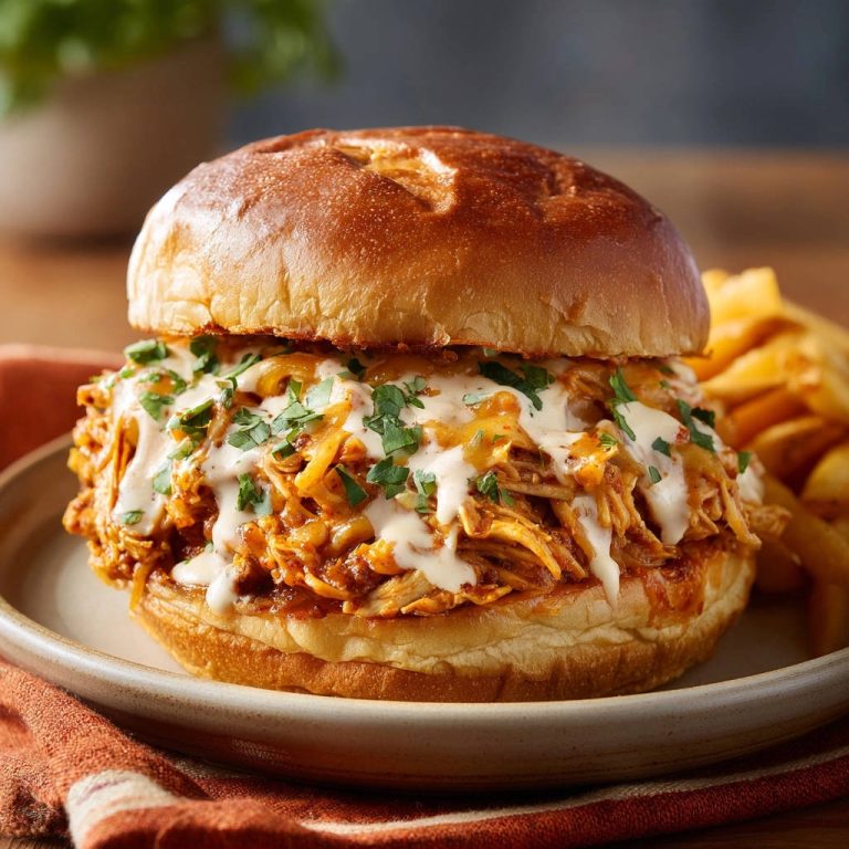 Ultimate Pulled Chicken Sandwich with a generous topping of sauce and fresh parsley.