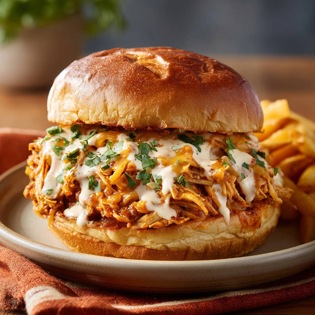 Ultimate Pulled Chicken Sandwich with a generous topping of sauce and fresh parsley.