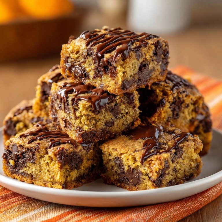 Chewy pumpkin chocolate chip blondies stacked high on a white plate, drizzled with chocolate.