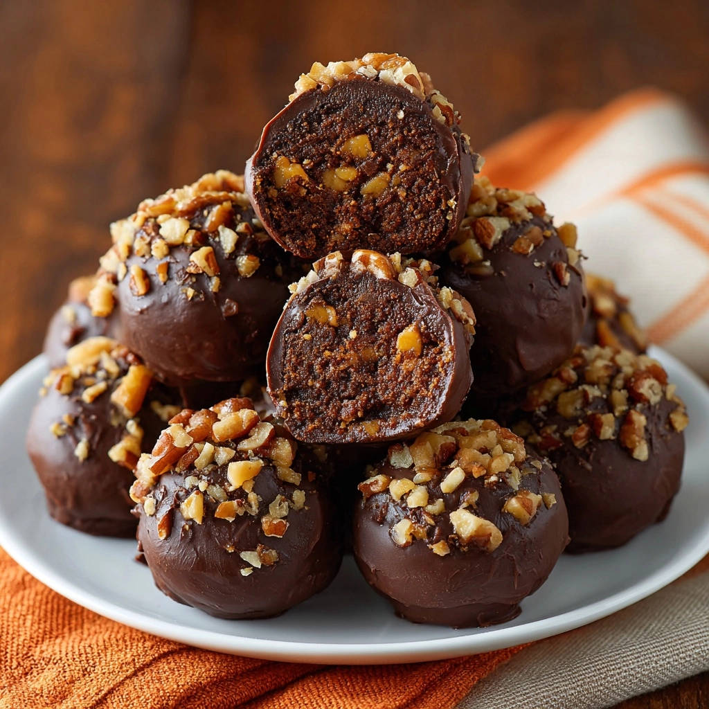 Decadent pumpkin pie truffles cross-section revealing a rich chocolate interior with chopped nuts.