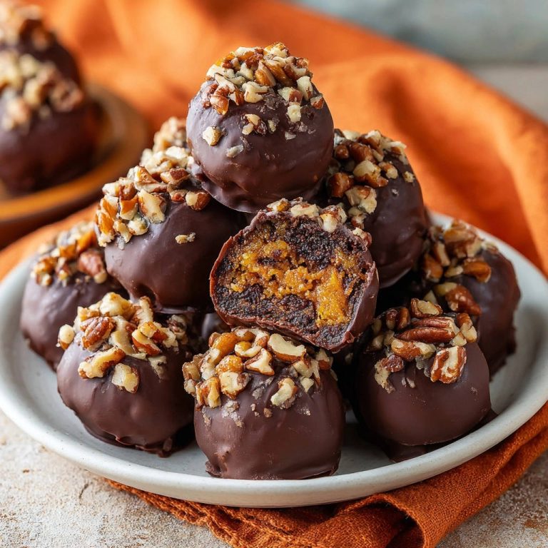 Decadent pumpkin pie truffles with a cross-section showing the filling and topped with chopped pecans.