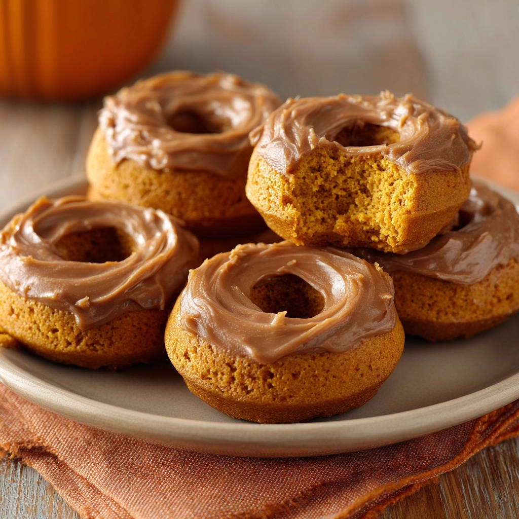 Pumpkin spice baked donuts with a bite taken out, showing the moist interior and fluffy texture.