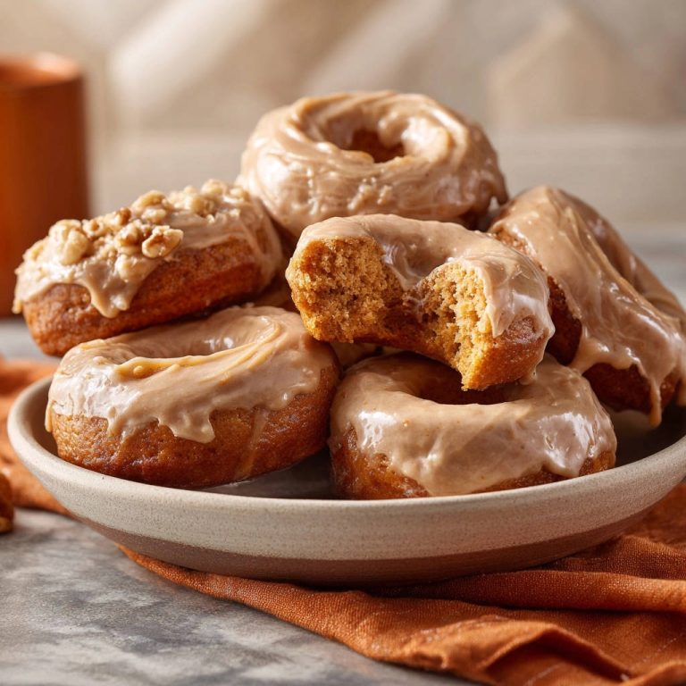 Pumpkin spice baked donuts stacked in a bowl, one with a bite taken out revealing its moist interior.