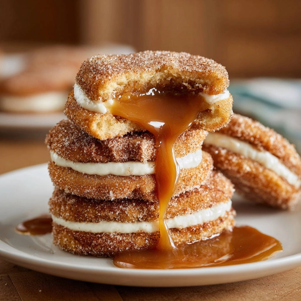 Pumpkin spice whoopie pies with cream filling and a caramel drip, shown in a close-up cross-section.