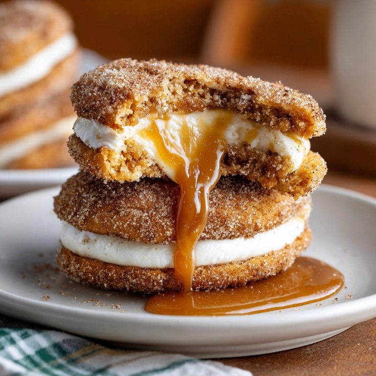 Pumpkin Spice Whoopie Pies with a creamy filling and cascading caramel sauce in a close-up cross-section view.