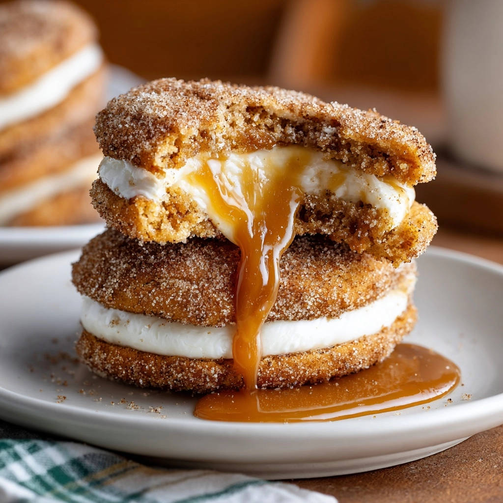 Pumpkin Spice Whoopie Pies with a creamy filling and cascading caramel sauce in a close-up cross-section view.