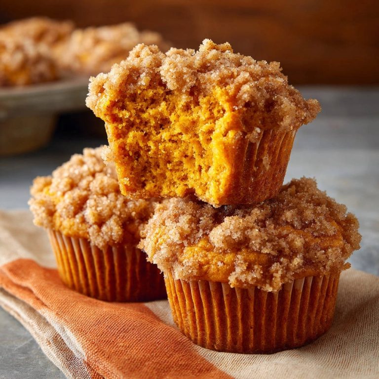 Pumpkin streusel muffins, one split open and stacked on another, showing a moist interior and crumb topping.