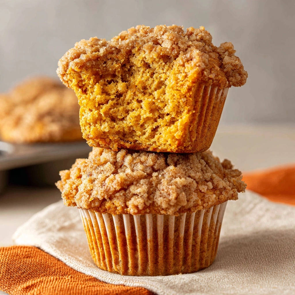 Pumpkin streusel muffins, stacked with the top muffin showing a moist, tender cross-section.