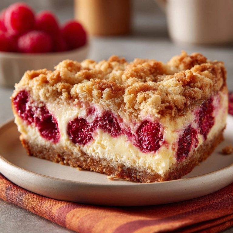 Raspberry crumb bars cross-section detail showing layers of fruit, cream cheese filling, and streusel topping on a plate.