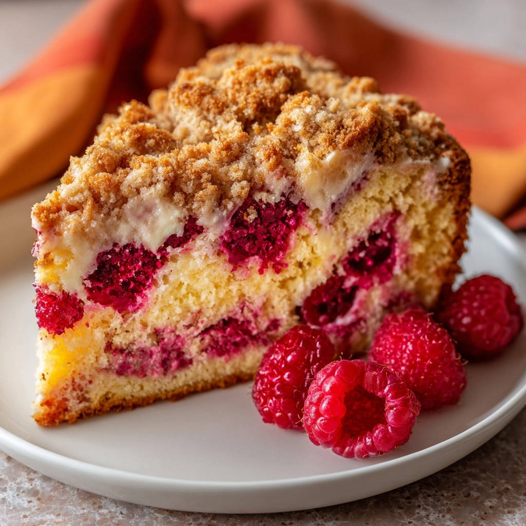 Raspberry crumb bars cross-section slice showing layers of cake, raspberries, and streusel topping on a white plate.