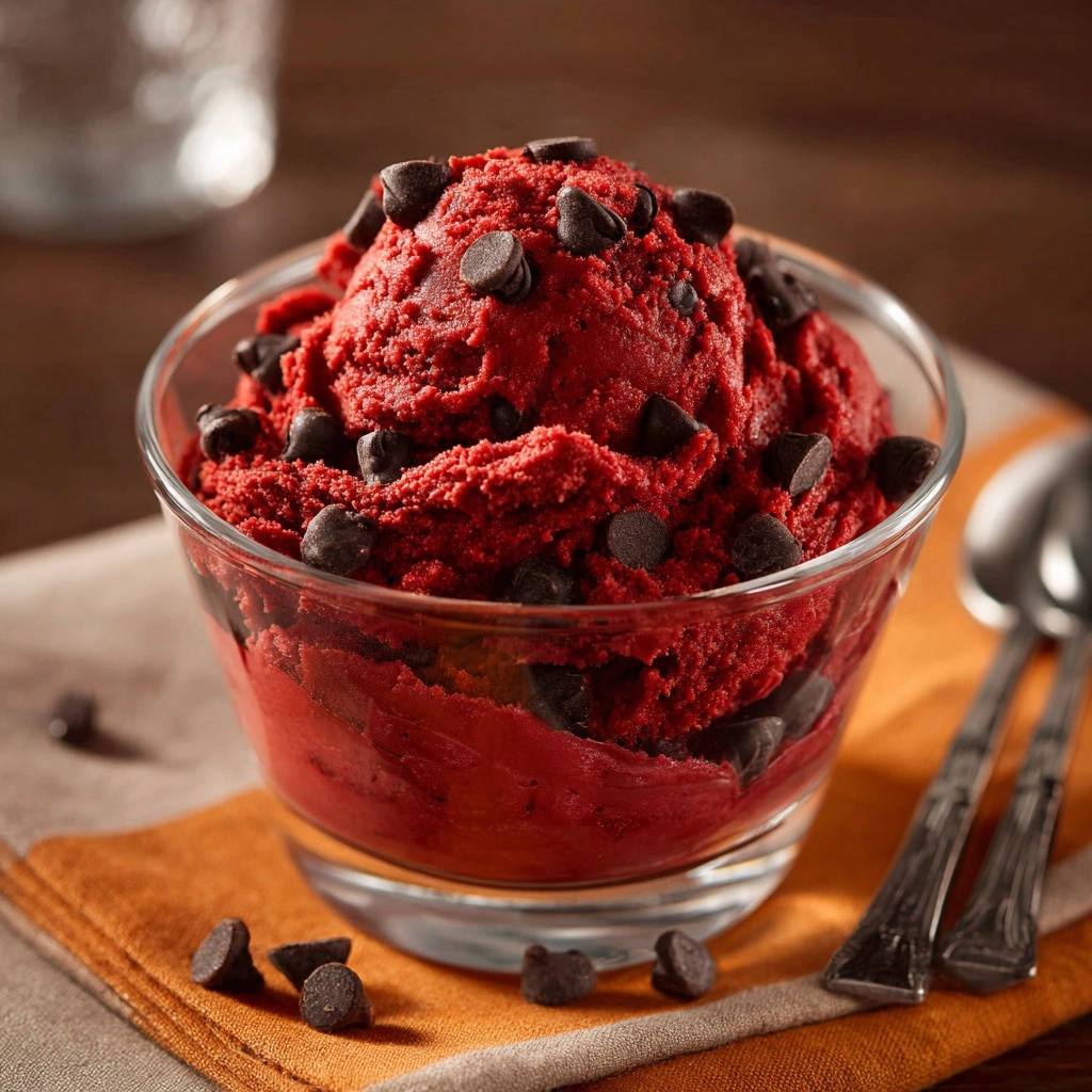 Red Velvet Dream Frozen Dessert served in a clear glass bowl, topped with chocolate chips.