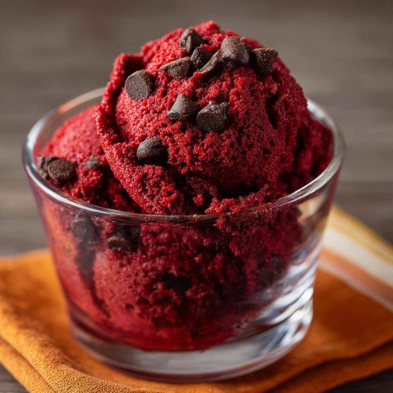 Red Velvet Dream Frozen Dessert close-up with chocolate chips in a glass bowl on an orange napkin.