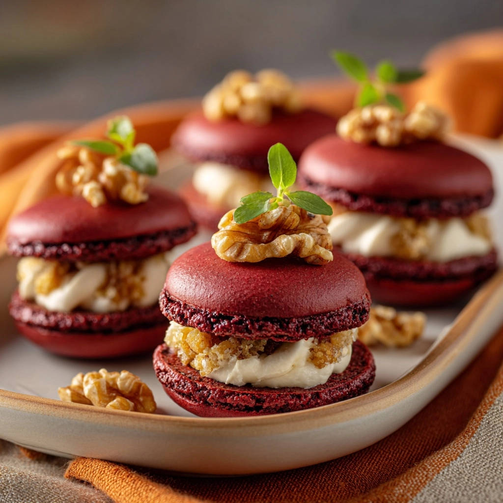 Red velvet walnut macarons with a creamy filling and walnut garnish, presented in a close-up view.