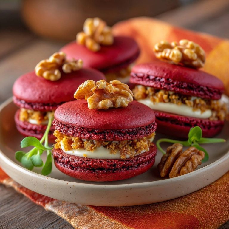 Red velvet walnut macarons garnished with walnuts and microgreens on a plate, showcasing a close-up view.