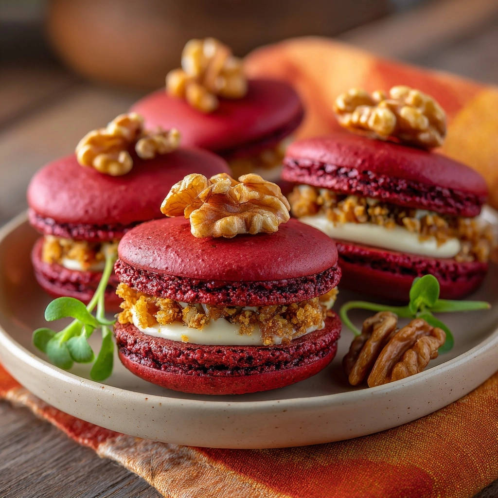 Red velvet walnut macarons garnished with walnuts and microgreens on a plate, showcasing a close-up view.