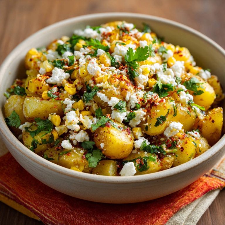 Roasted potato and corn salad with crumbled feta and cilantro, presented in a close-up view of a rustic bowl.