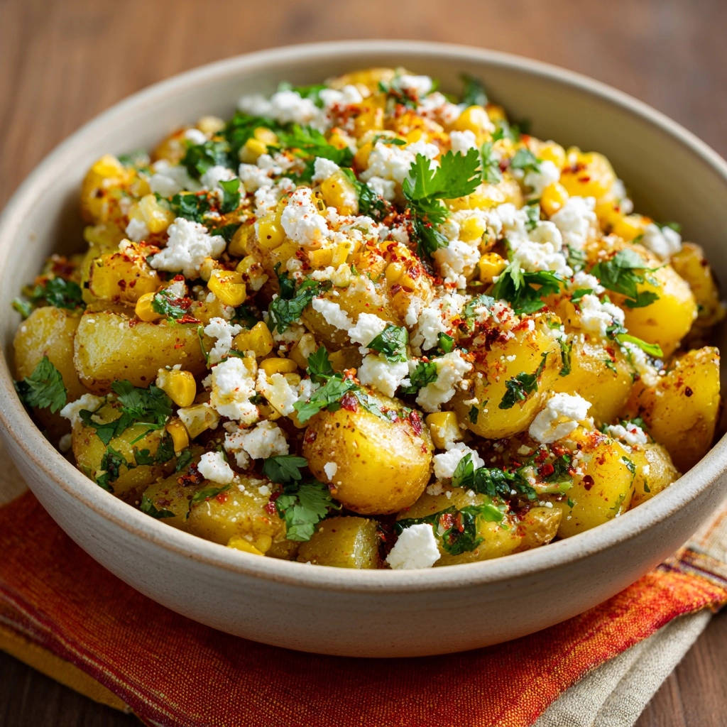 Roasted potato and corn salad with crumbled feta and cilantro, presented in a close-up view of a rustic bowl.