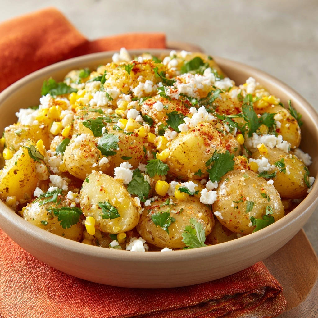Roasted potato and corn salad in a bowl, topped with crumbled cheese and cilantro, viewed from above.