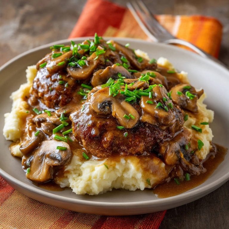 Salisbury steak with mushroom gravy served over mashed potatoes, drizzled with sauce and garnished with chives.