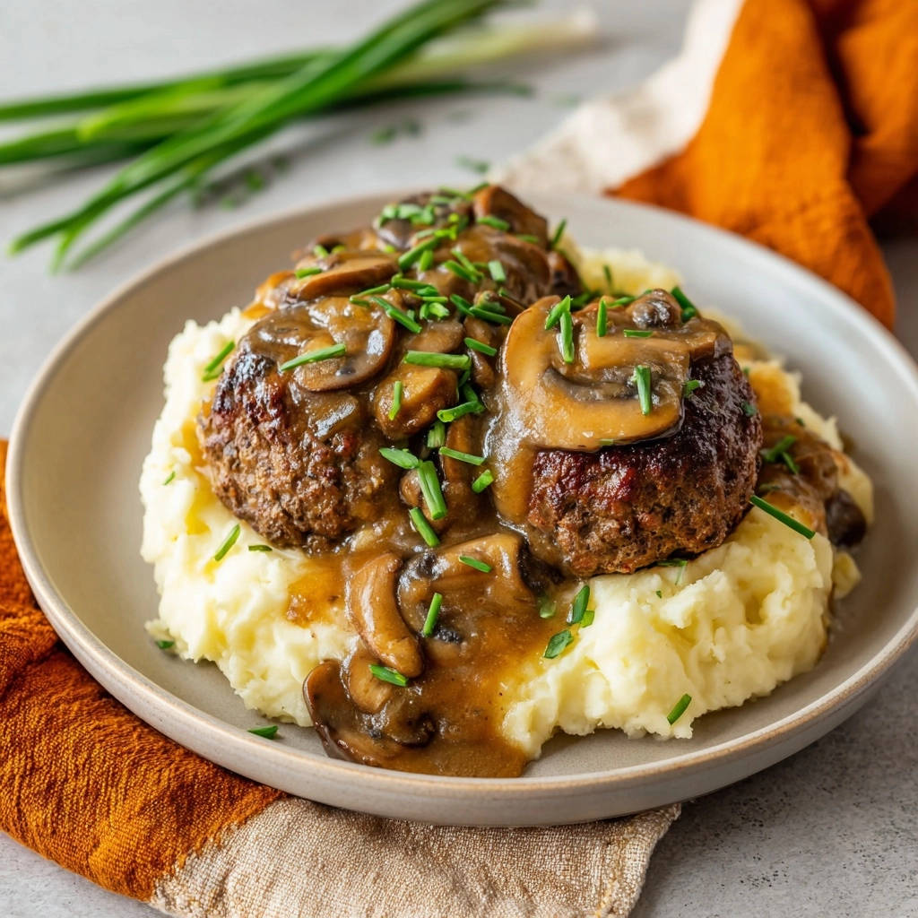 Salisbury steak with mushroom gravy served plated with two juicy patties atop mashed potatoes and garnished with chives.
