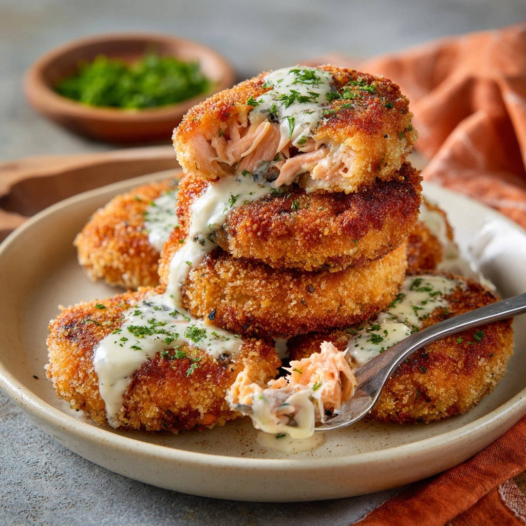 Crispy golden salmon cakes cross-section drizzled with creamy sauce and fresh parsley garnish.