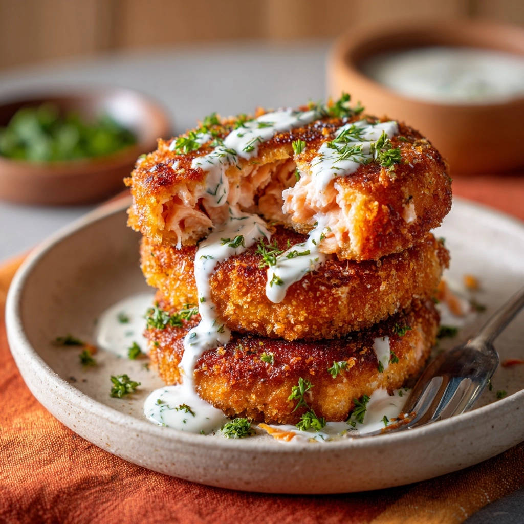Crispy golden salmon cakes stacked high and drizzled with creamy dill sauce, showing a satisfying cross-section.