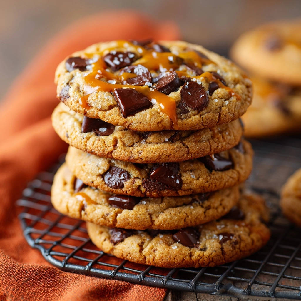 Salted caramel chocolate chip cookies, a stack showing gooey caramel drizzle and chocolate chunks on a cooling rack.