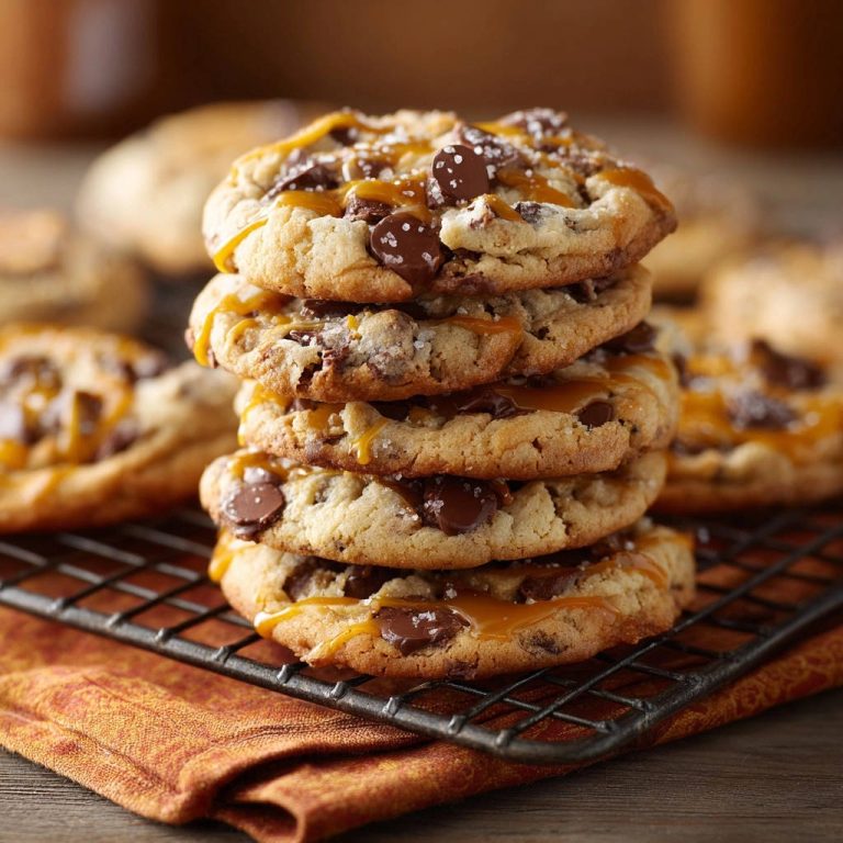 Salted caramel chocolate chip cookies, a stack of five chewy cookies drizzled with caramel and sprinkled with sea salt, cooling on a rack.
