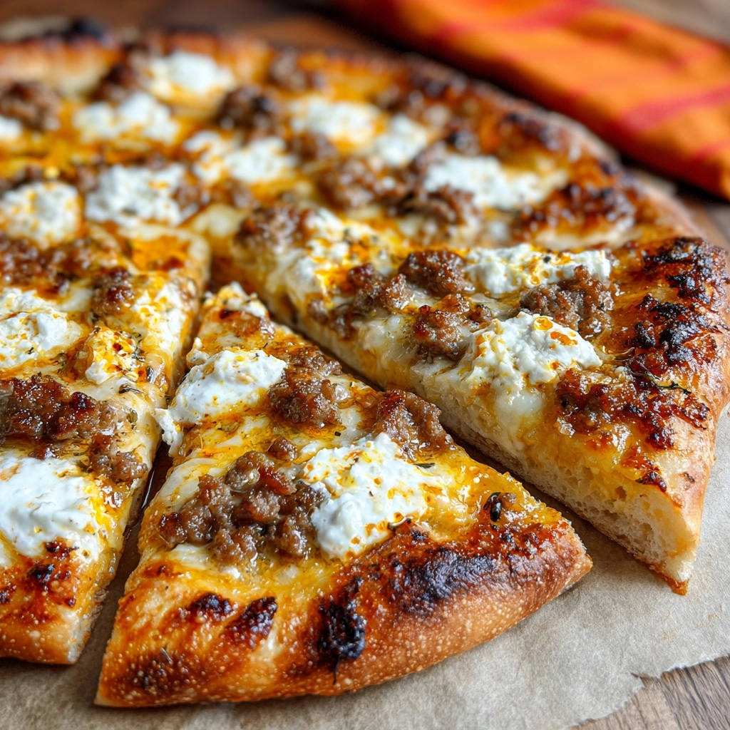 Savory ground meat & ricotta pizza showing a close-up cross-section of the cheesy, meaty slices on a wooden board.