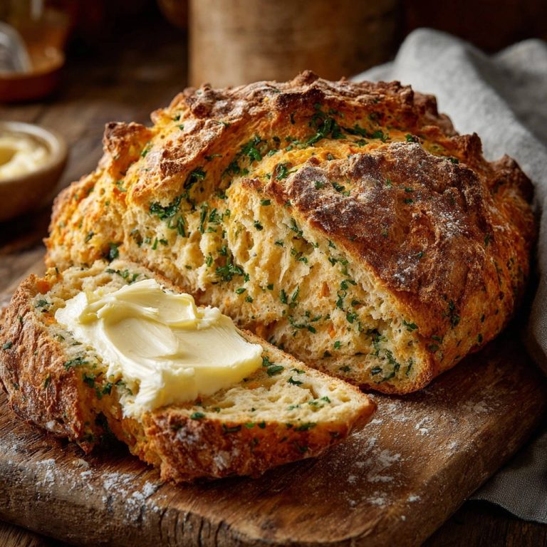 Savory herb soda bread, a slice generously spread with butter, showcasing its fluffy crumb and fresh herbs.
