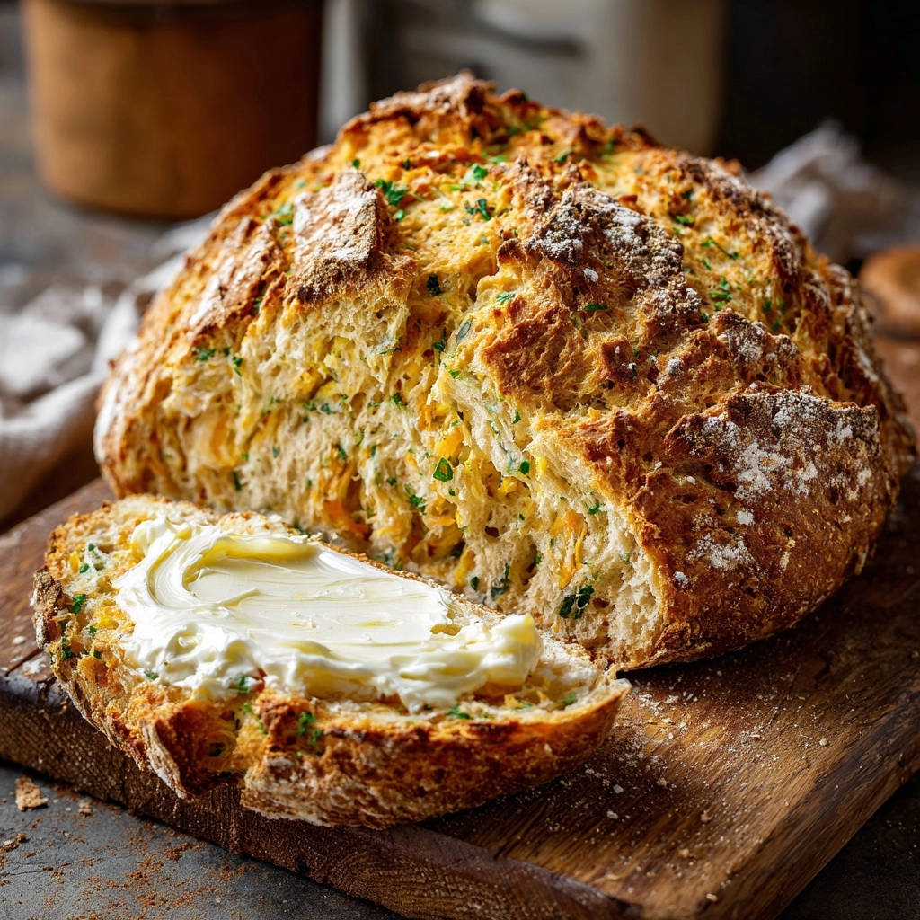 Savory herb soda bread sliced on a wooden board with a generous spread of butter, showcasing its fluffy crumb.